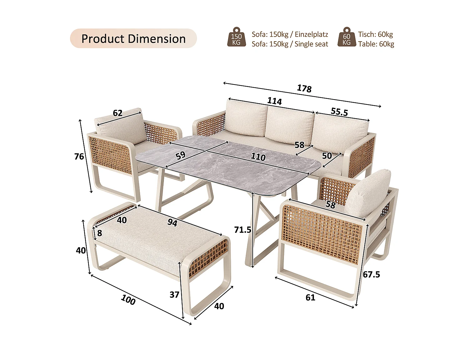 Ensemble salon de jardin pour 6 à 7 personnes - avec 1 table + 1 canapé avec coussins + 2 fauteils + 1 banc - métal - beige