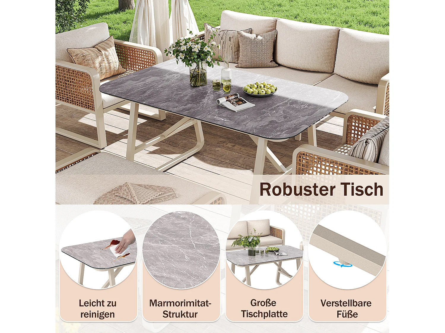 Ensemble salon de jardin pour 6 à 7 personnes - avec 1 table + 1 canapé avec coussins + 2 fauteils + 1 banc - métal - beige