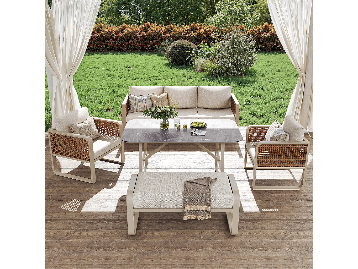 Ensemble salon de jardin pour 6 à 7 personnes - avec 1 table + 1 canapé avec coussins + 2 fauteils + 1 banc - métal - beige