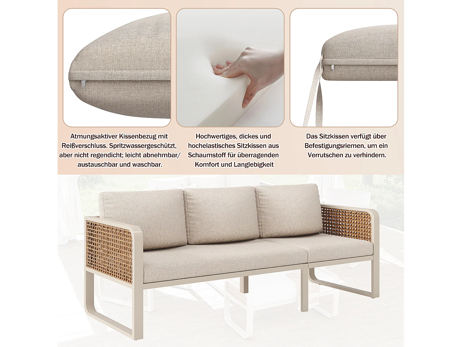 Ensemble salon de jardin pour 6 à 7 personnes - avec 1 table + 1 canapé avec coussins + 2 fauteils + 1 banc - métal - beige
