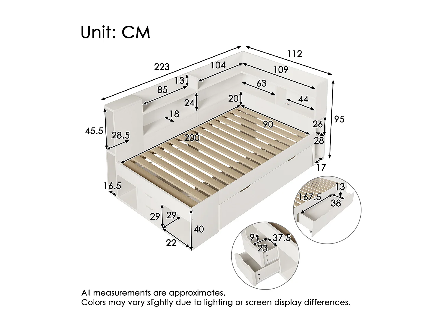 Lit coffre pour enfant - 90 x 200 cm - avec Leds + USB + étagères + tiroirs de rangement - bois - blanc