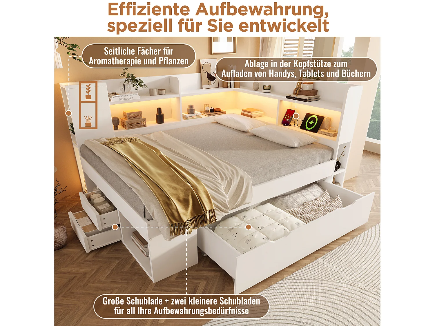 Lit coffre pour enfant - 90 x 200 cm - avec Leds + USB + étagères + tiroirs de rangement - bois - blanc