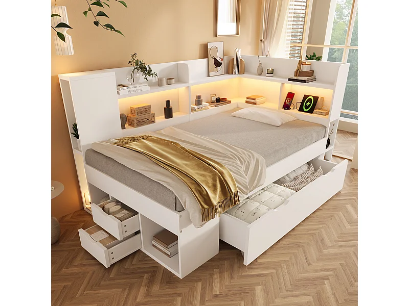 Lit coffre pour enfant - 90 x 200 cm - avec Leds + USB + étagères + tiroirs de rangement - bois - blanc