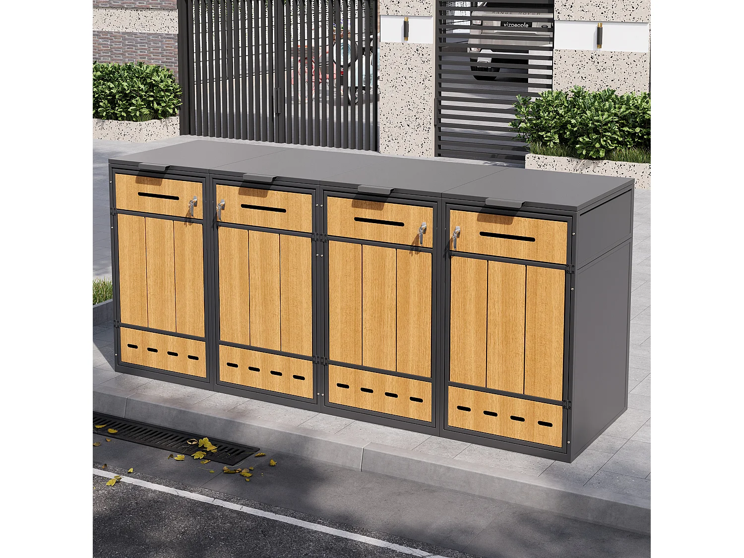 Meuble de rangement pour 4 poubelles (120-240 litres) - 2 x 132 x 84.5 x 118 cm - avec trous d'aération + 4 portes - métal - gris + naturel