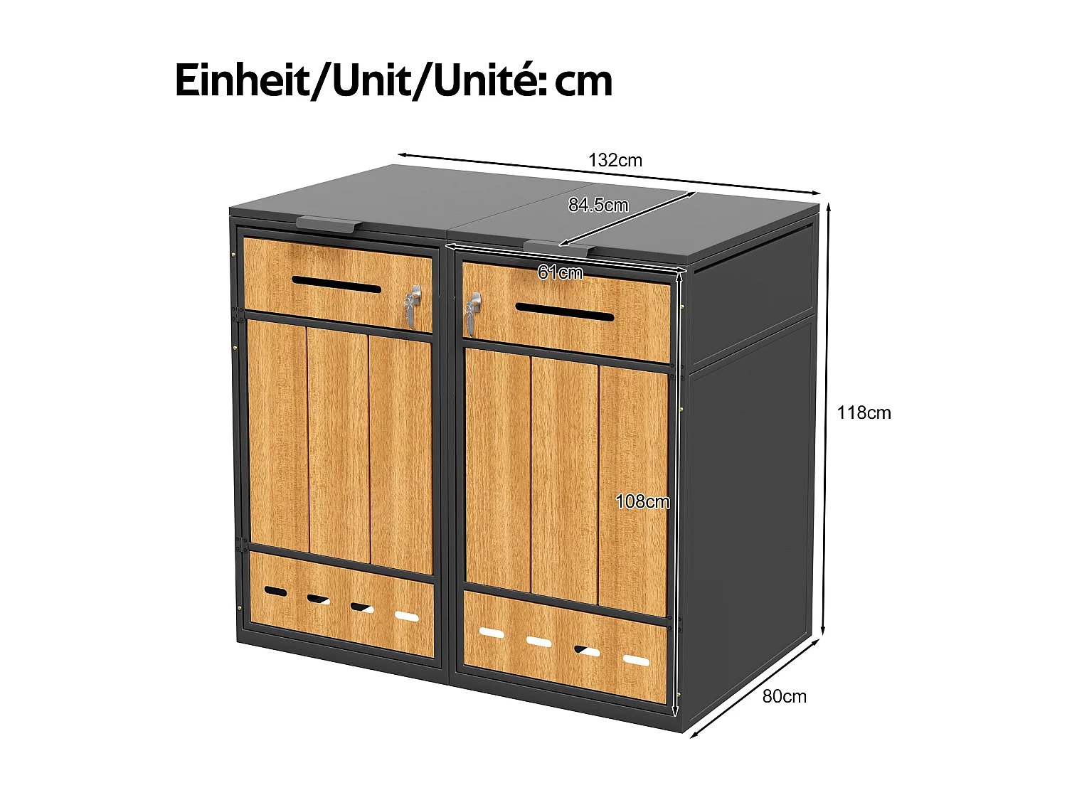 Meuble de rangement pour 4 poubelles (120-240 litres) - 2 x 132 x 84.5 x 118 cm - avec trous d'aération + 4 portes - métal - gris + naturel