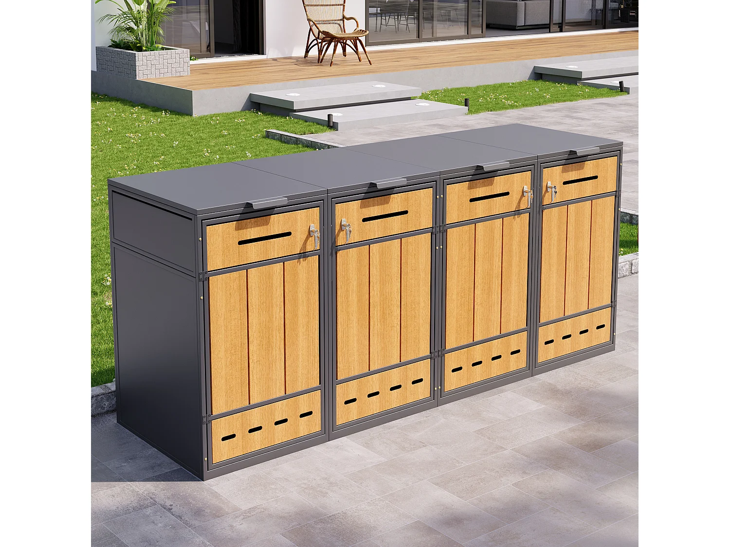 Meuble de rangement pour 4 poubelles (120-240 litres) - 2 x 132 x 84.5 x 118 cm - avec trous d'aération + 4 portes - métal - gris + naturel