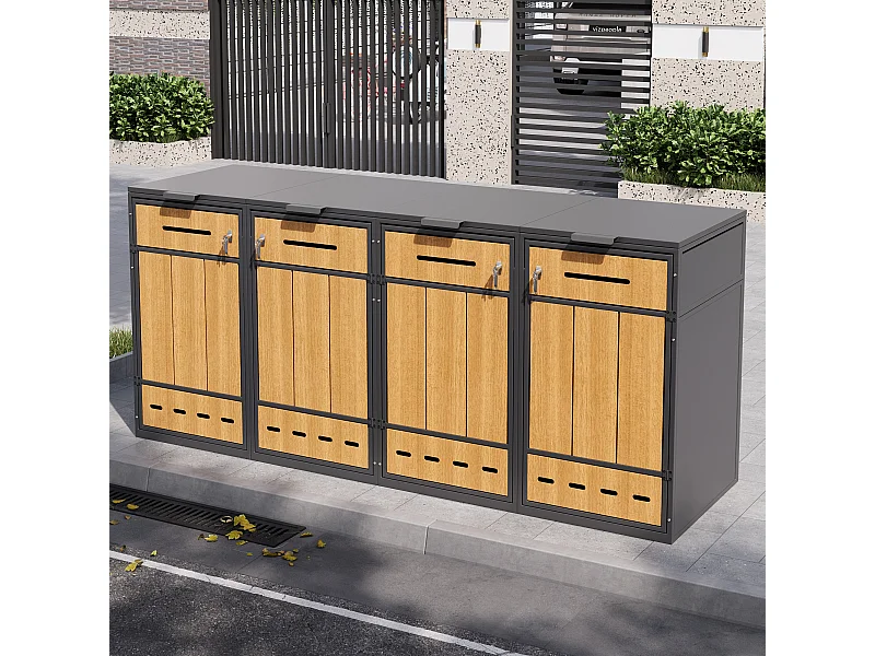 Meuble de rangement pour 4 poubelles (120-240 litres) - 2 x 132 x 84.5 x 118 cm - avec trous d'aération + 4 portes - métal - gris + naturel
