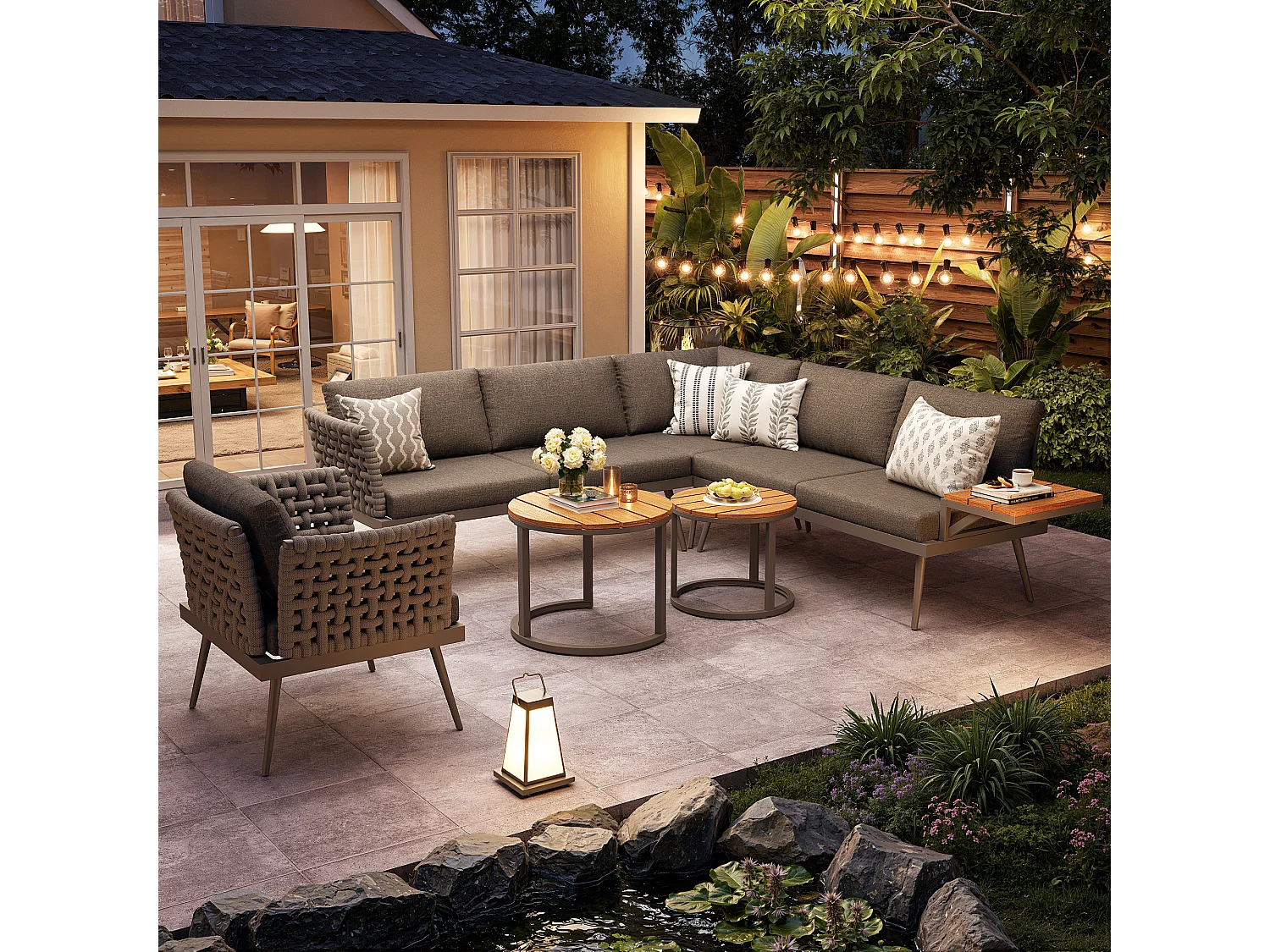 Tuinset voor 6 personen - bank met handgeweven armleuningen + fauteuil + 2 tafels + kussens - metaal - grijs