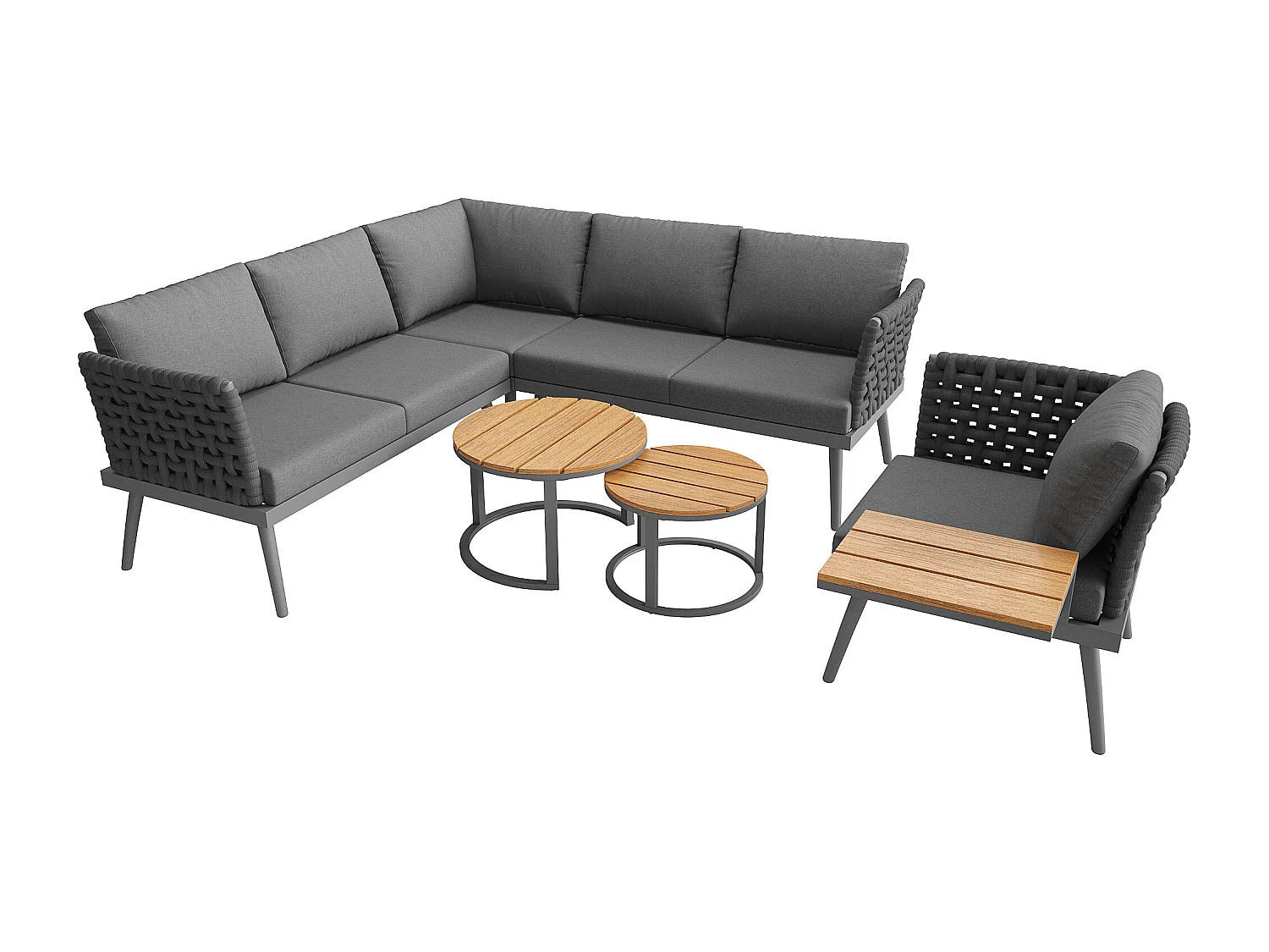 Tuinset voor 6 personen - bank met handgeweven armleuningen + fauteuil + 2 tafels + kussens - metaal - grijs