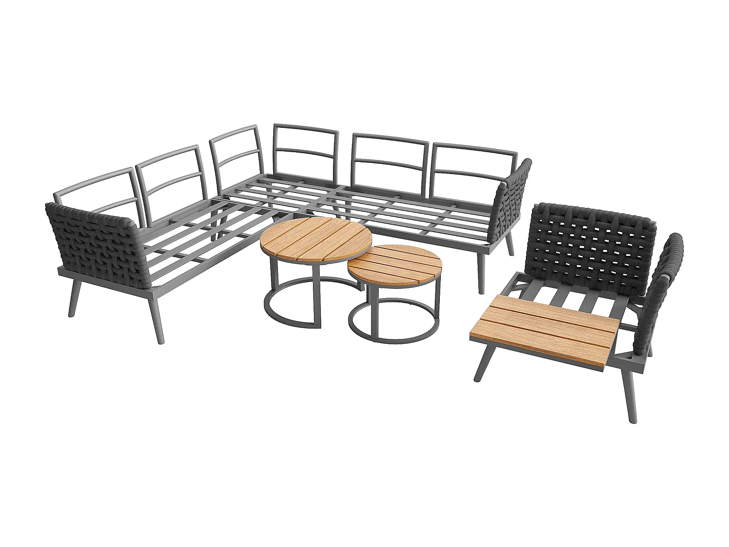 Tuinset voor 6 personen - bank met handgeweven armleuningen + fauteuil + 2 tafels + kussens - metaal - grijs