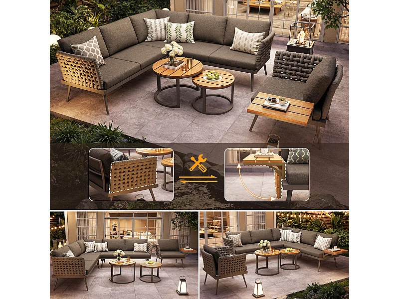 Ensemble salon de jardin pour 6 personnes - canapé avec ccoudoirs tressés à la main + fauteuil + 2 tables + coussins - métal - gris