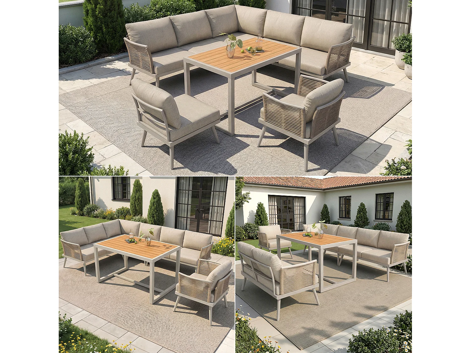 Ensemble salon de jardin 7 places - canapé avec accoudoirs tressés + table basse + fauteuil + coussins - métal - beige