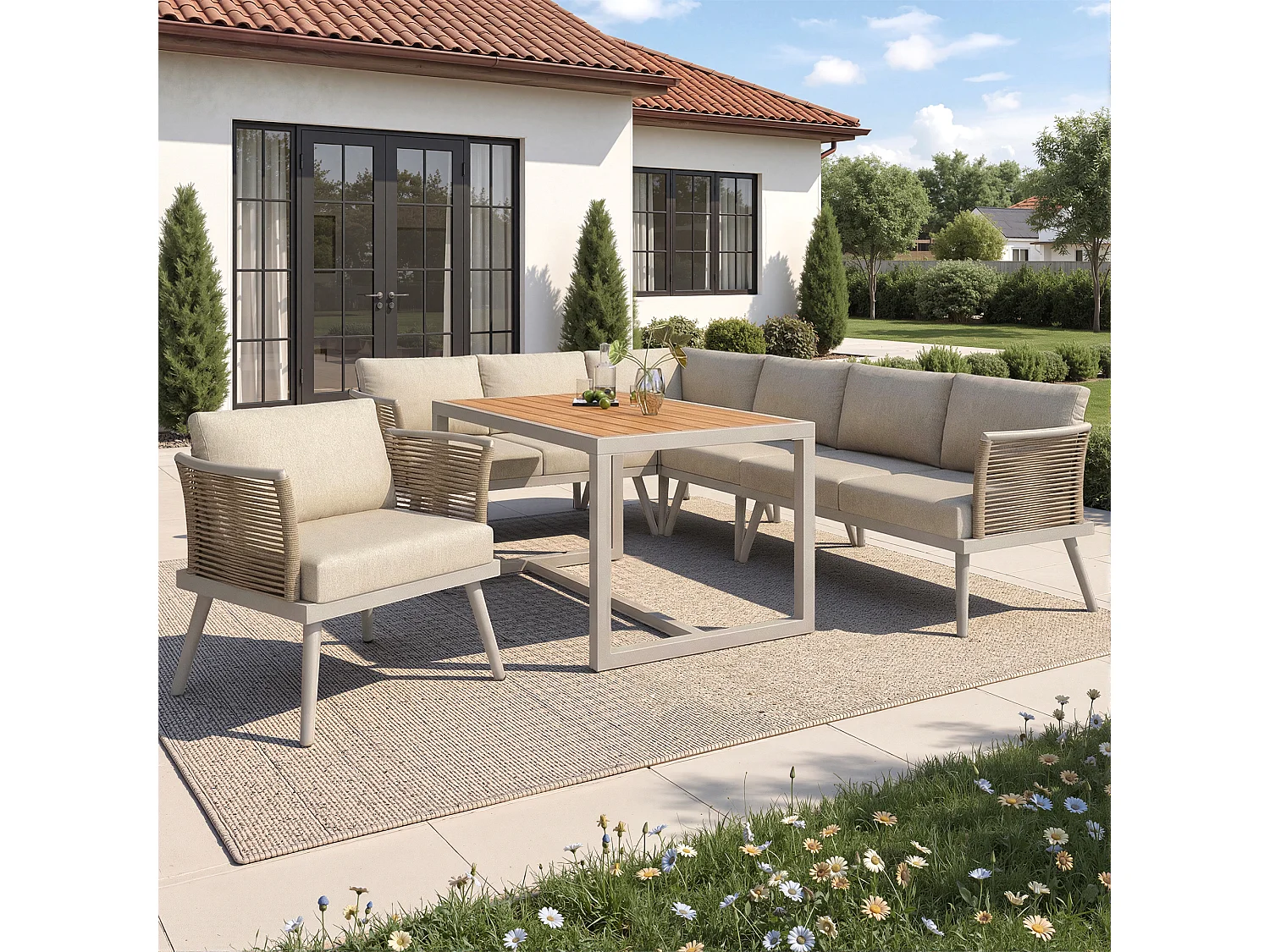 Ensemble salon de jardin 7 places - canapé avec accoudoirs tressés + table basse + fauteuil + coussins - métal - beige