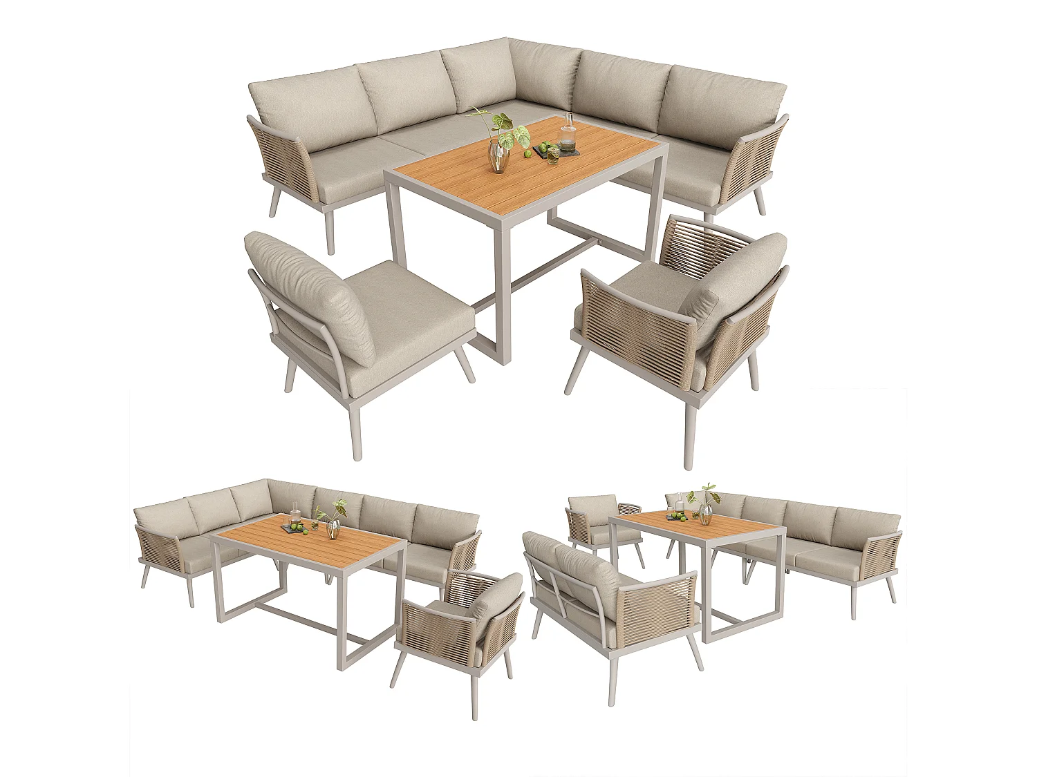 Ensemble salon de jardin 7 places - canapé avec accoudoirs tressés + table basse + fauteuil + coussins - métal - beige