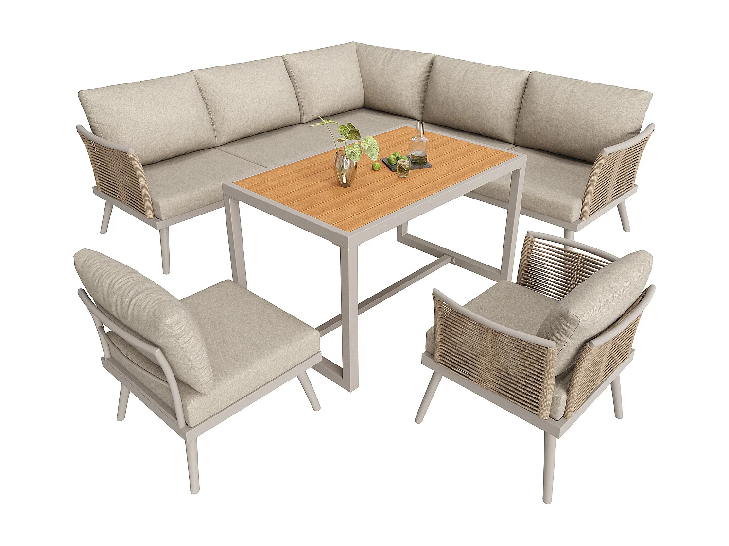 Ensemble salon de jardin 7 places - canapé avec accoudoirs tressés + table basse + fauteuil + coussins - métal - beige