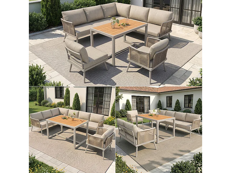 Ensemble salon de jardin 7 places - canapé avec accoudoirs tressés + table basse + fauteuil + coussins - métal - beige