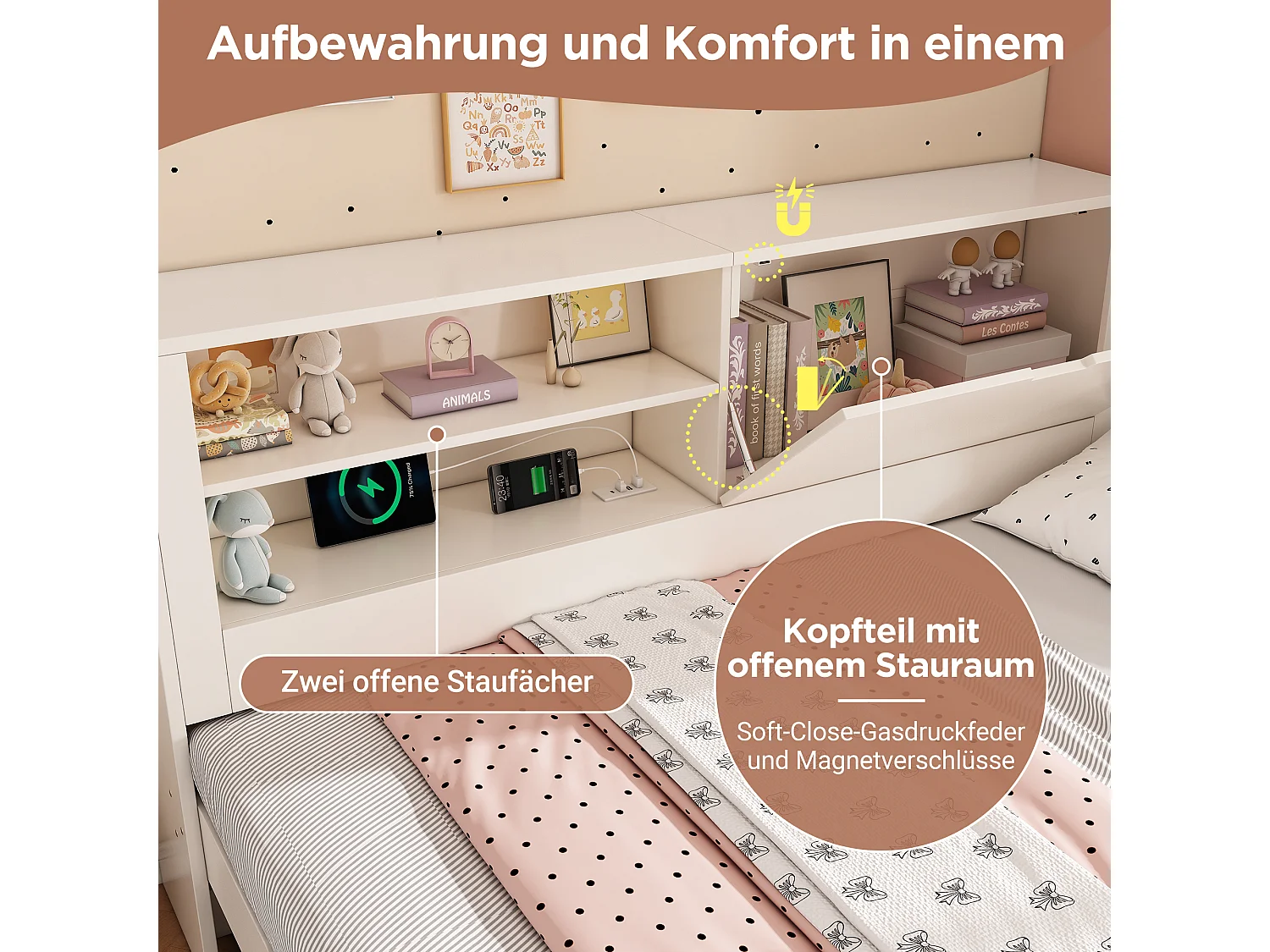 Canapé-lit 90 x 190 cm avec lit gigogne 90 x 190 cm - avec étagère + porte + panneau arrière de rangement + USB - bois - blanc