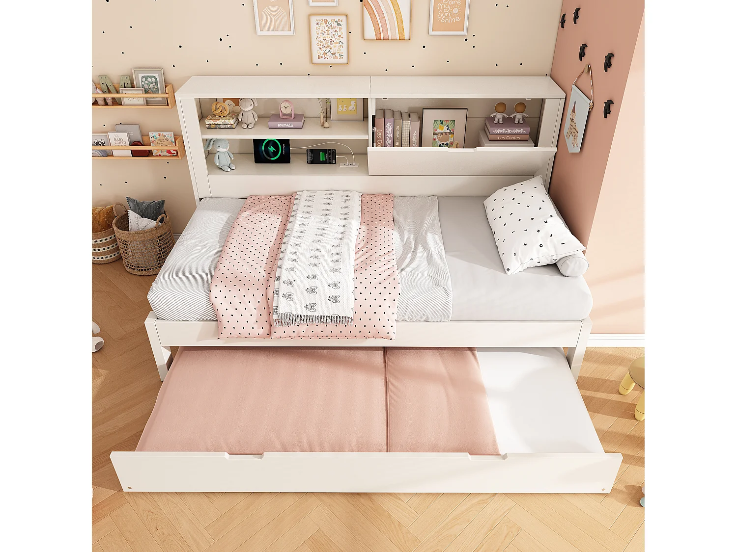 Canapé-lit 90 x 190 cm avec lit gigogne 90 x 190 cm - avec étagère + porte + panneau arrière de rangement + USB - bois - blanc