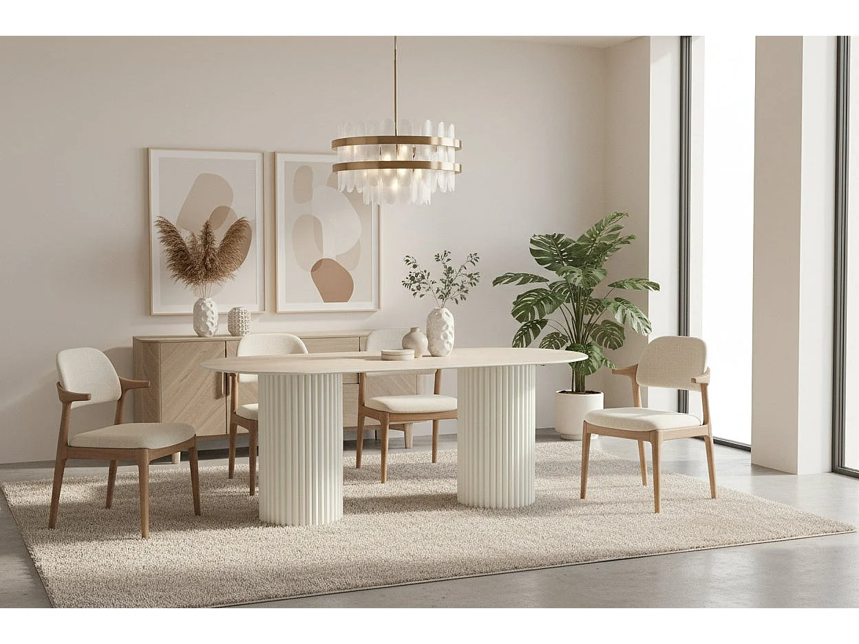 Table à manger céramique travertin 180x90 cm pieds beiges – KEYSHA