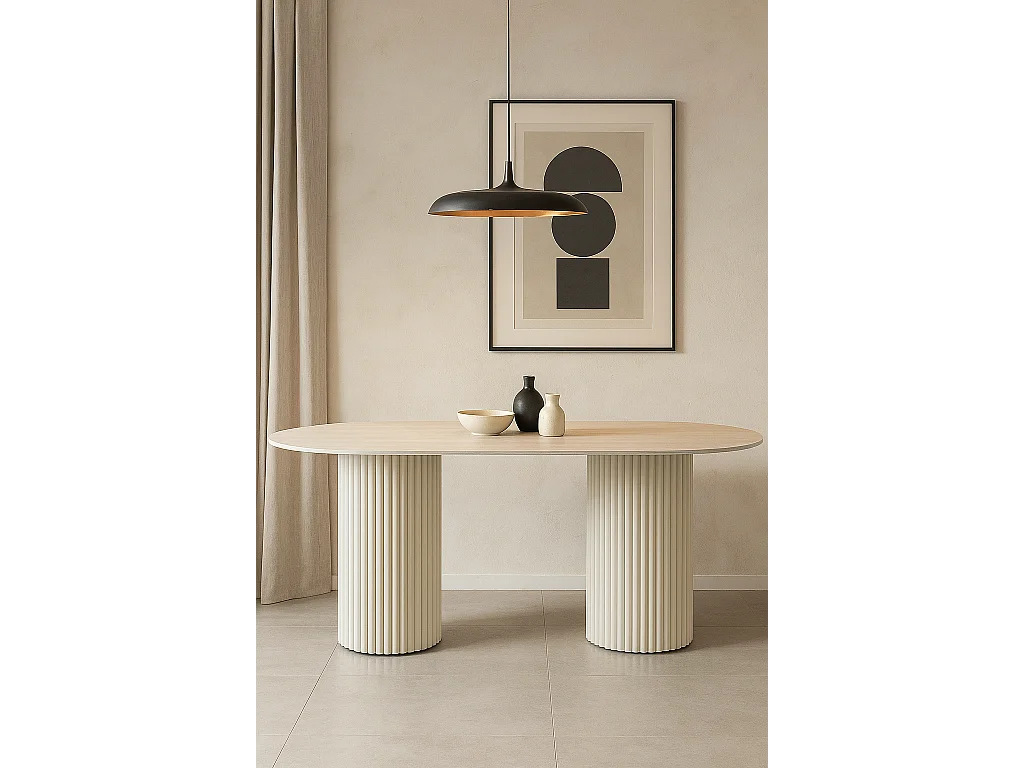 Table à manger céramique travertin 180x90 cm pieds beiges – KEYSHA