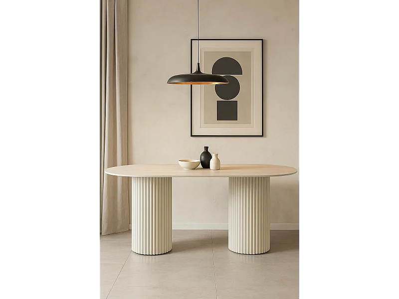 Table à manger céramique travertin 180x90 cm pieds beiges – KEYSHA