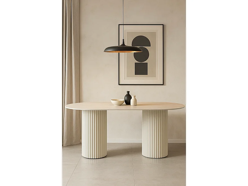 Table à manger céramique travertin 180x90 cm pieds beiges – KEYSHA