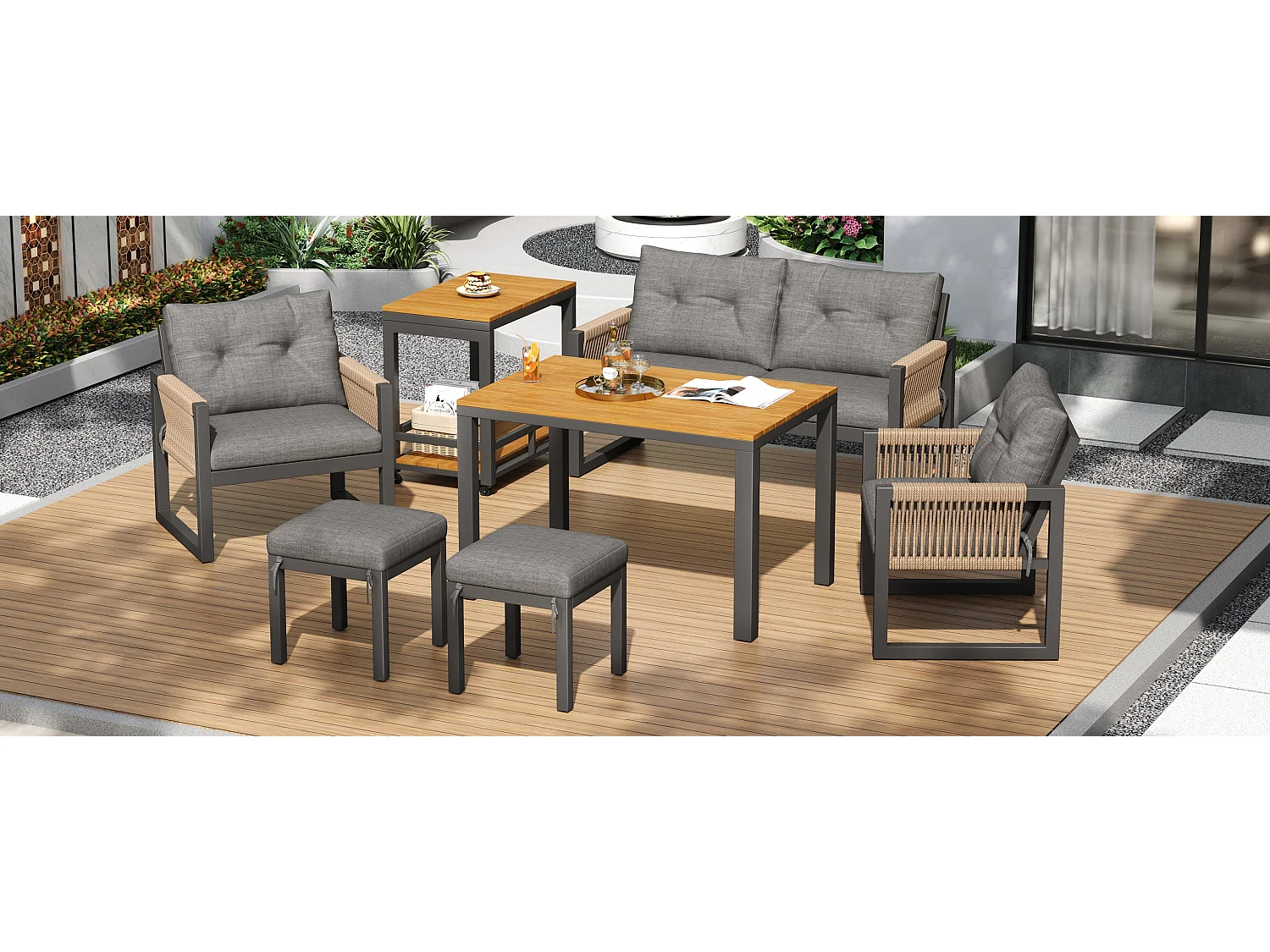 Ensemble de canapés de salon de jardin 4-6 places - structure en fer - accoudoirs tressés - coussins d'assise inclus - métal - gris