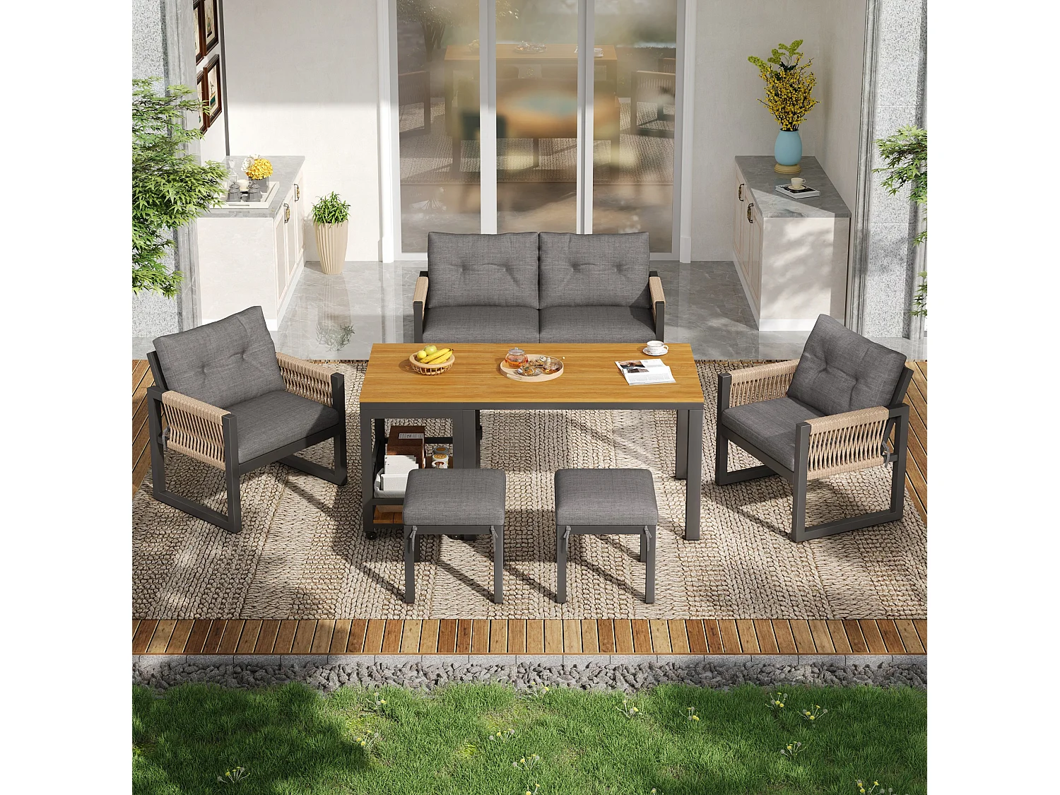 Ensemble de canapés de salon de jardin 4-6 places - structure en fer - accoudoirs tressés - coussins d'assise inclus - métal - gris