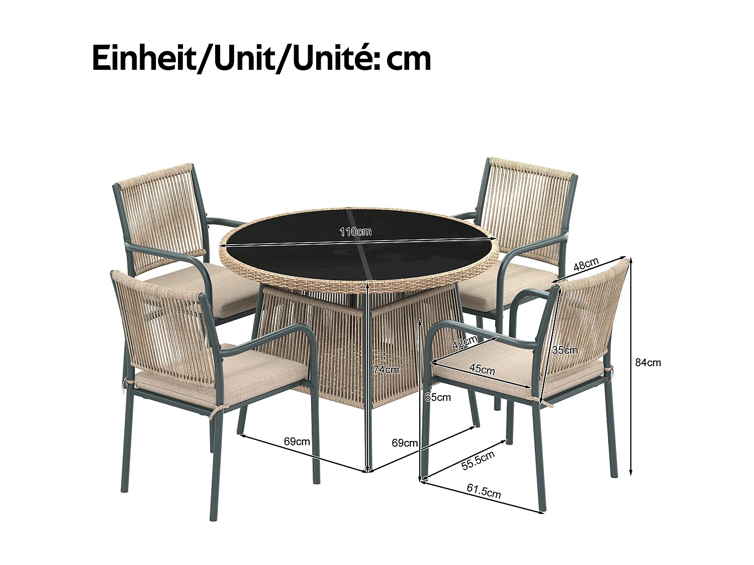 Ensemble de mobilier de jardin moderne en rotin - avec 1 table en verre + 4 fauteuils - métal - gris