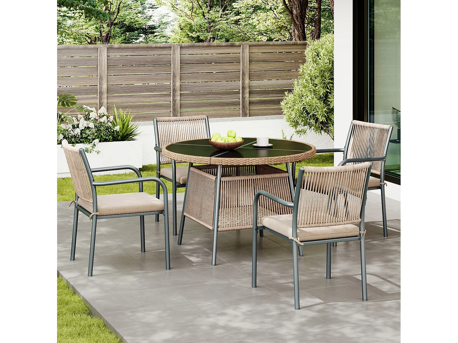 Ensemble de mobilier de jardin moderne en rotin - avec 1 table en verre + 4 fauteuils - métal - gris