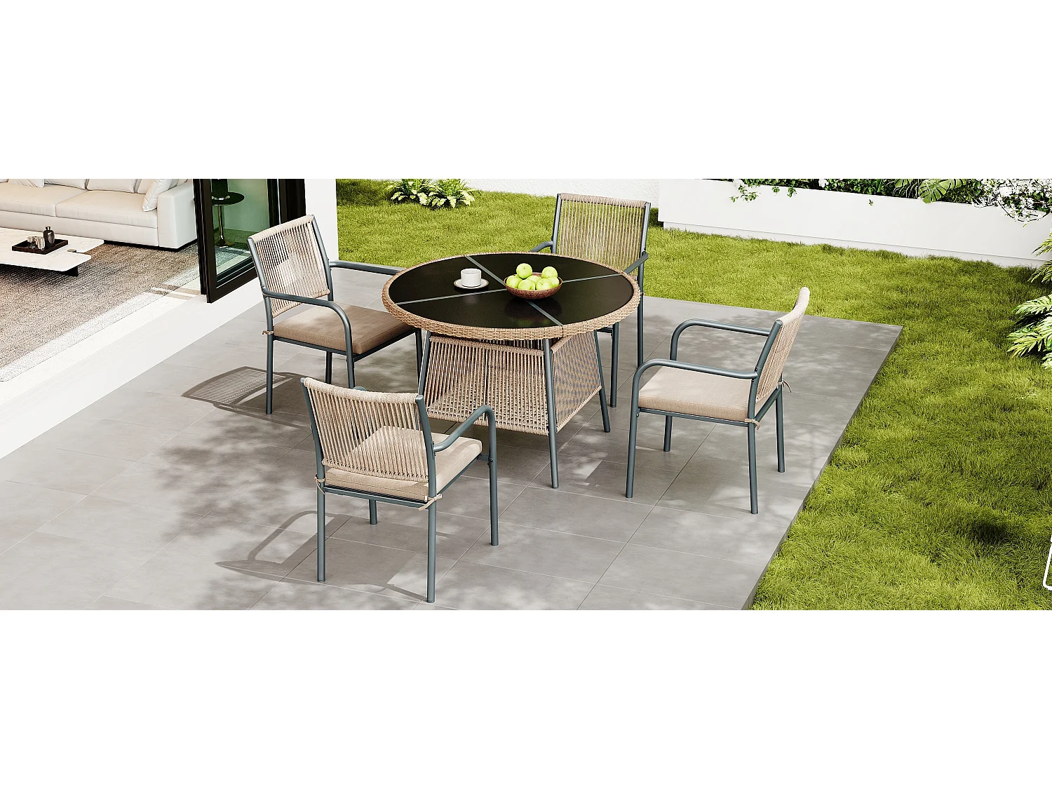 Ensemble de mobilier de jardin moderne en rotin - avec 1 table en verre + 4 fauteuils - métal - gris