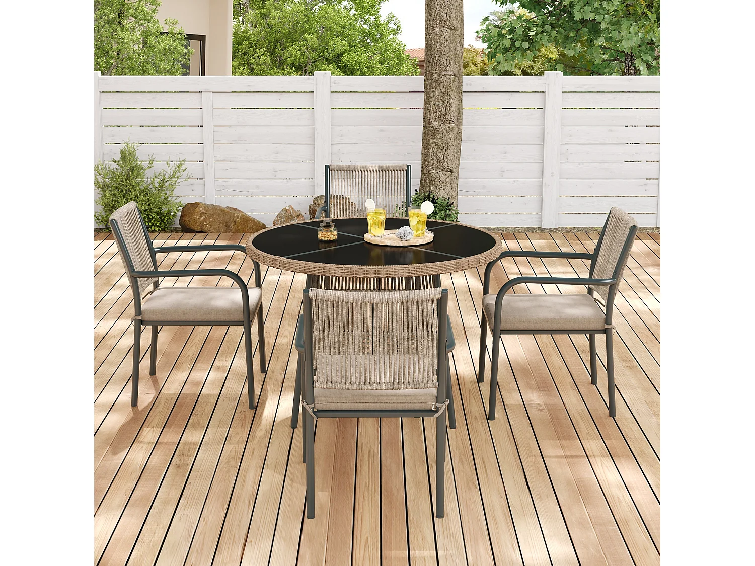 Ensemble de mobilier de jardin moderne en rotin - avec 1 table en verre + 4 fauteuils - métal - gris