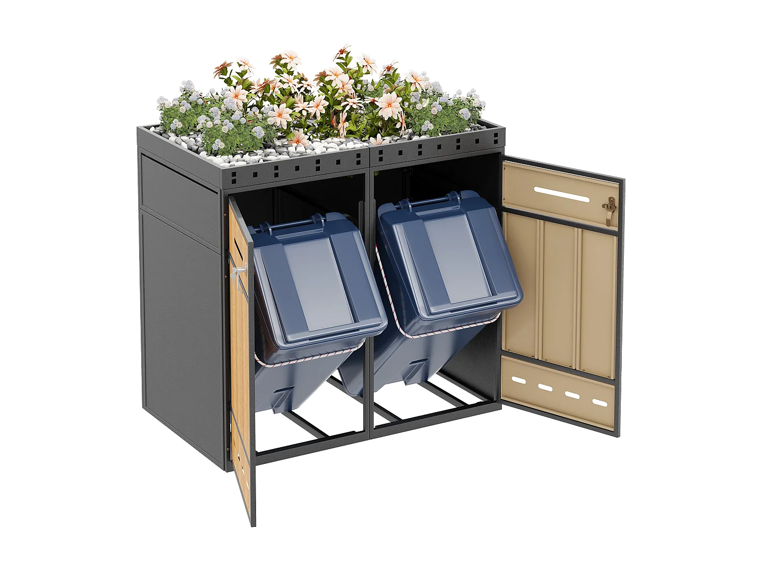 Local à poubelles avec toit végétalisé - 132 x 80 x 124 cm - capacité 120-240 litres - avec 2 portes - métal - gris + naturel