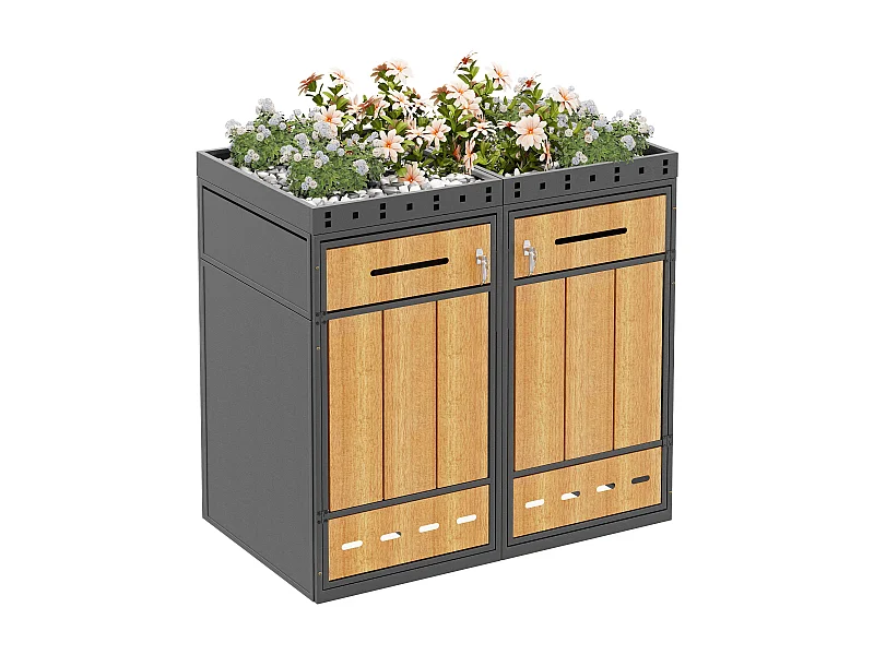 Local à poubelles avec toit végétalisé - 132 x 80 x 124 cm - capacité 120-240 litres - avec 2 portes - métal - gris + naturel