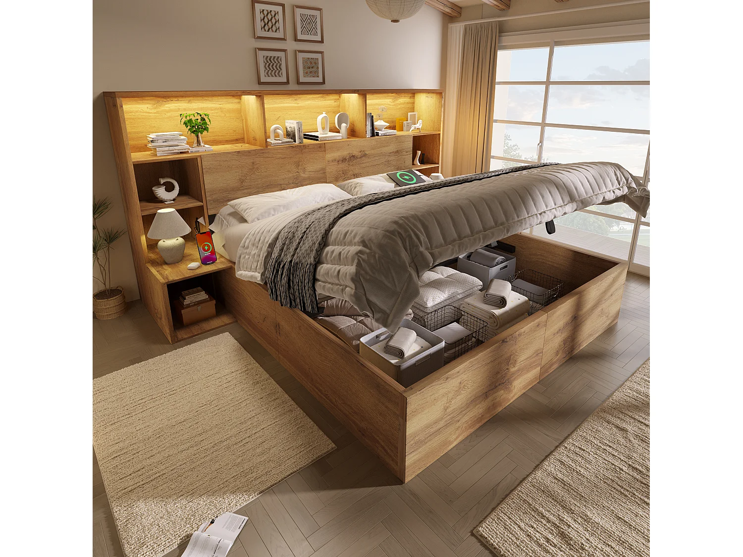 Lit coffre hydraulique aspect chêne - 160 x 200 cm - avec tables de chevet intégrées + Leds + tête de lit de rangement + Leds - bois - naturel