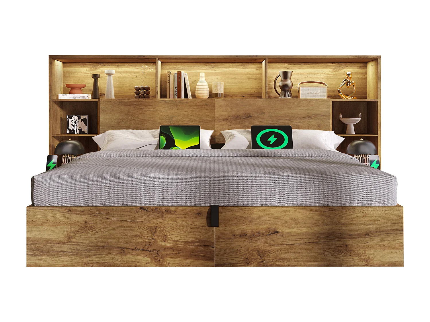 Lit coffre hydraulique aspect chêne - 160 x 200 cm - avec tables de chevet intégrées + Leds + tête de lit de rangement + Leds - bois - naturel