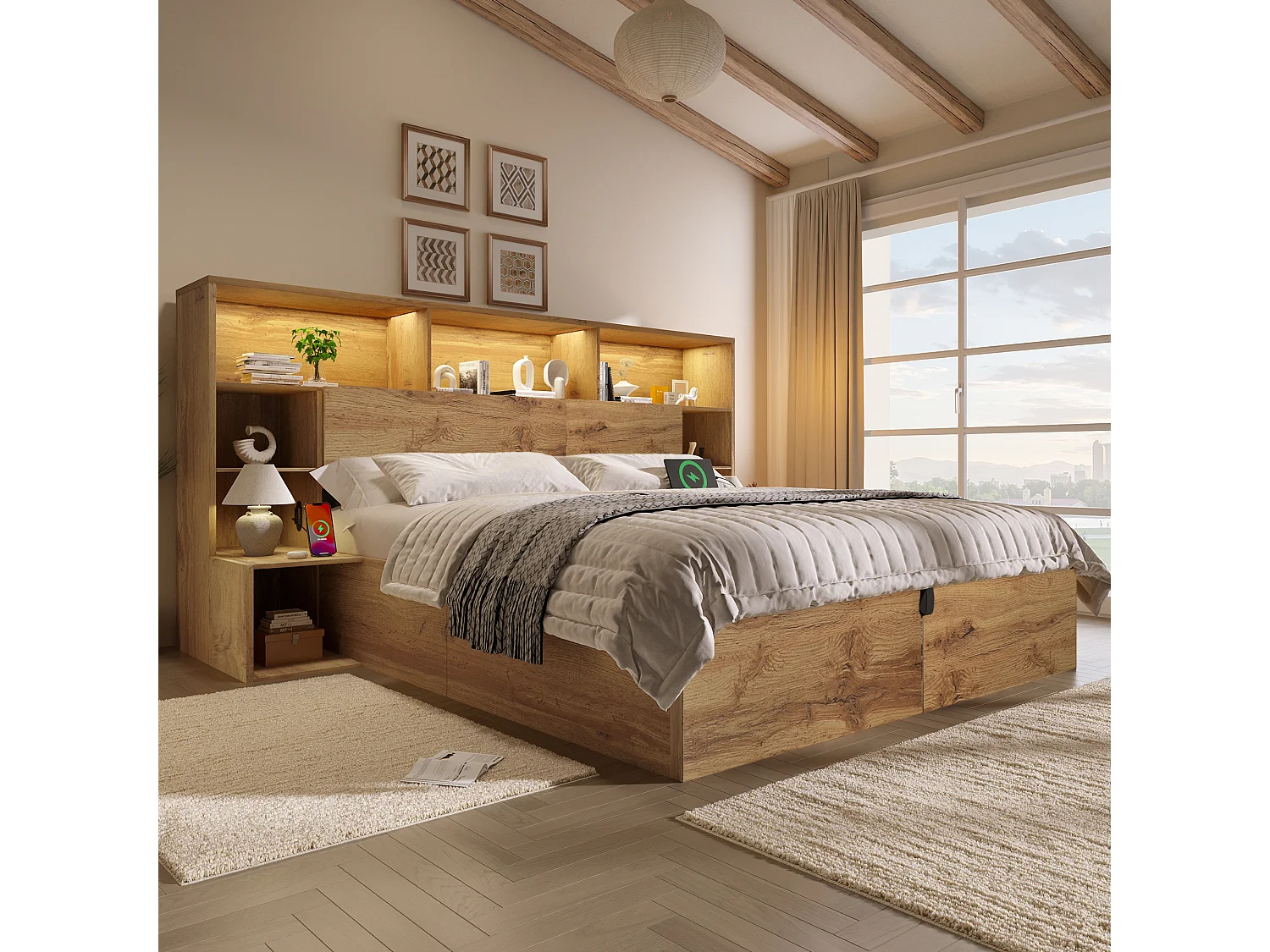 Lit coffre hydraulique aspect chêne - 160 x 200 cm - avec tables de chevet intégrées + Leds + tête de lit de rangement + Leds - bois - naturel