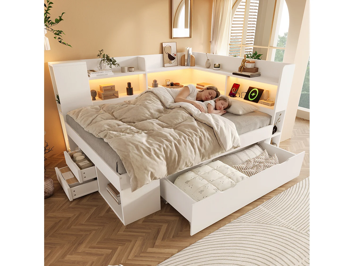 Lit coffre pour enfant - 140 x 200 cm - avec Leds + USB + étagères + tiroirs de rangement - bois - blanc(matelas inclus)