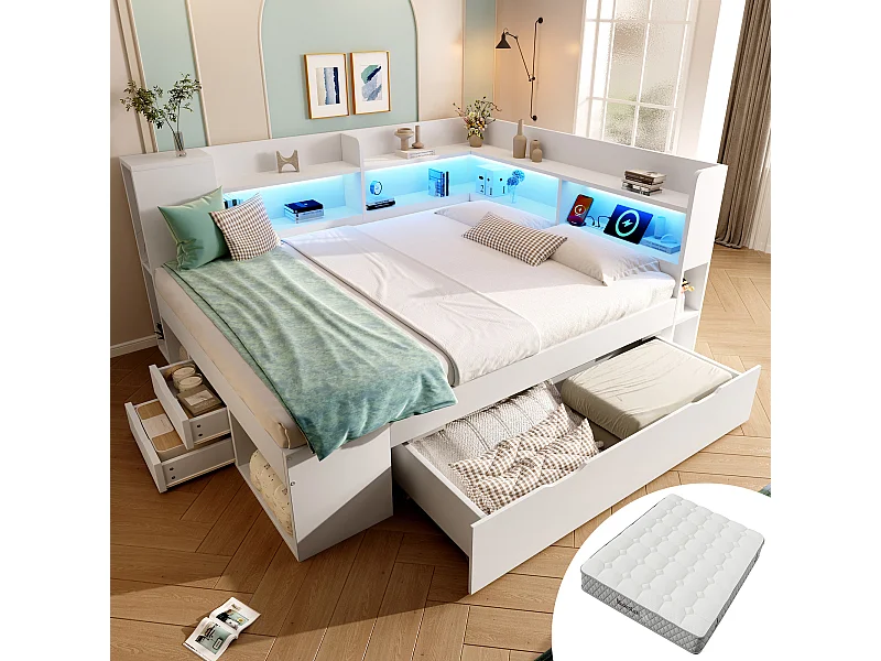 Lit coffre pour enfant - 140 x 200 cm - avec Leds + USB + étagères + tiroirs de rangement - bois - blanc(matelas inclus)