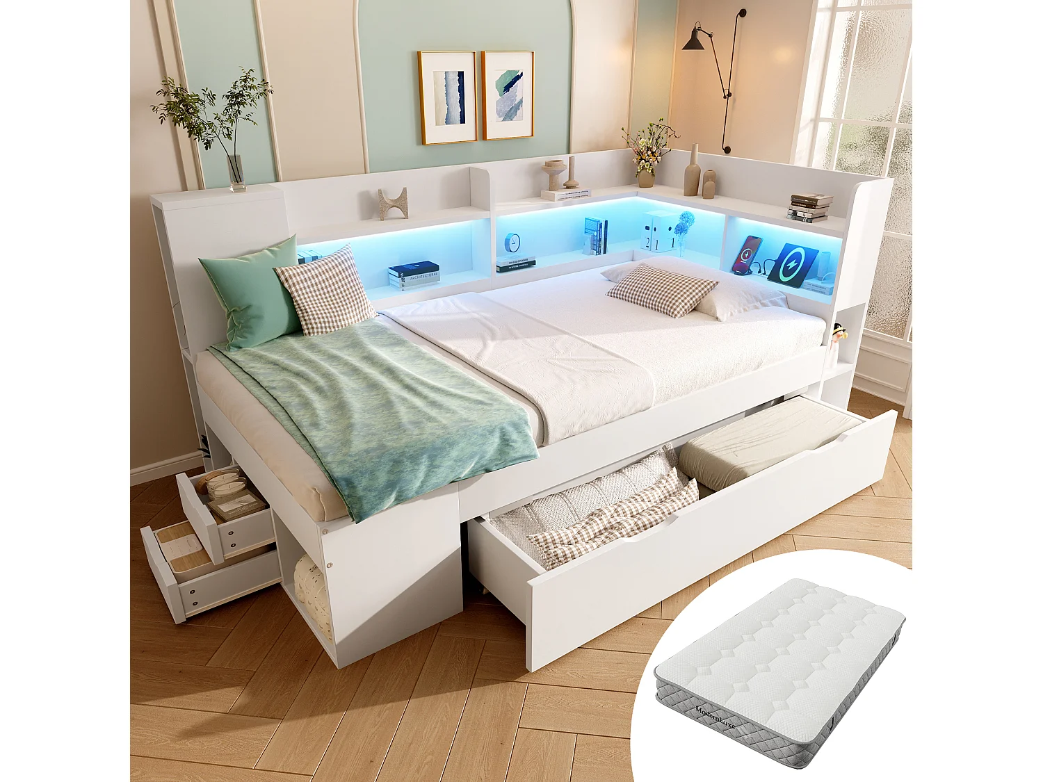 Lit coffre pour enfant - 90 x 200 cm - avec Leds + USB + étagères + tiroirs de rangement - bois - blanc(matelas inclus)