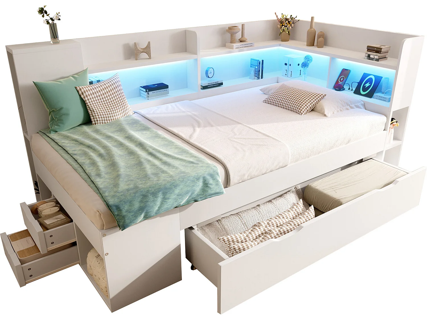Lit coffre pour enfant - 90 x 200 cm - avec Leds + USB + étagères + tiroirs de rangement - bois - blanc(matelas inclus)