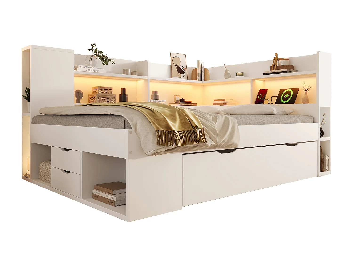 Lit coffre pour enfant - 90 x 200 cm - avec Leds + USB + étagères + tiroirs de rangement - bois - blanc(matelas inclus)