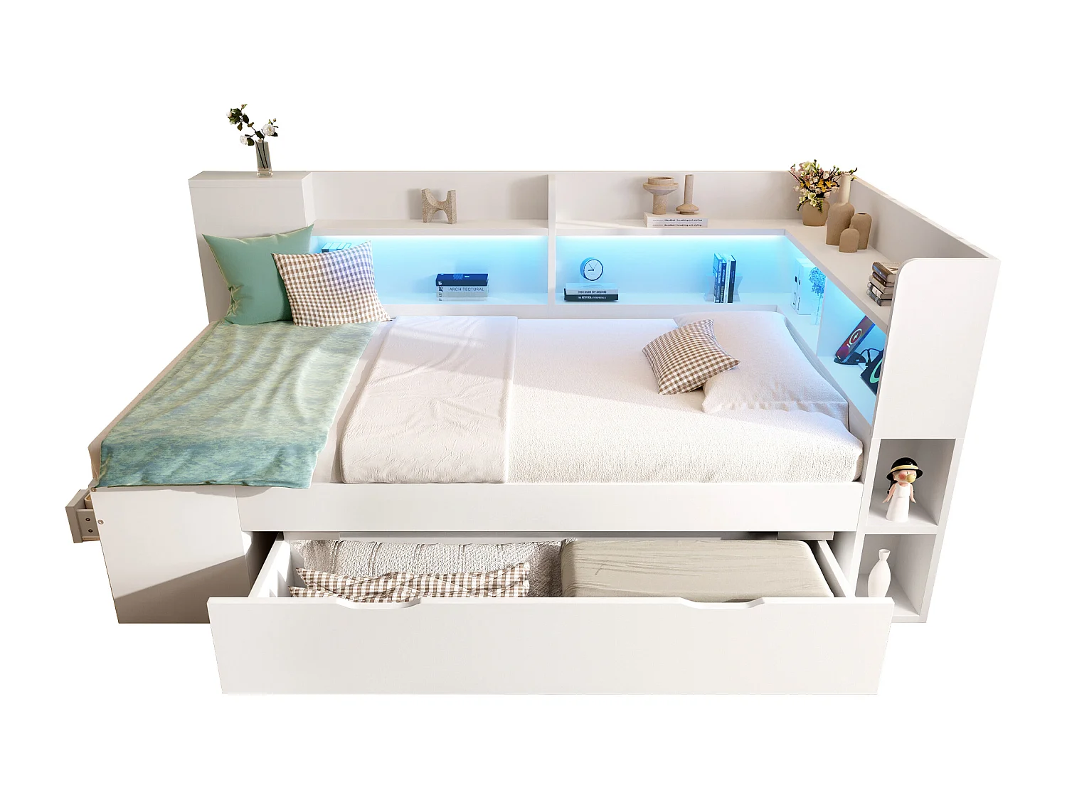 Lit coffre pour enfant - 90 x 200 cm - avec Leds + USB + étagères + tiroirs de rangement - bois - blanc(matelas inclus)