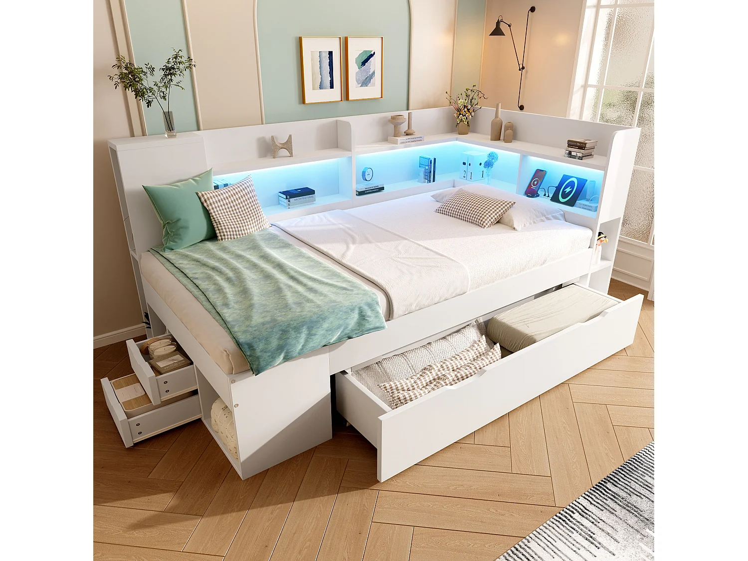 Lit coffre pour enfant - 90 x 200 cm - avec Leds + USB + étagères + tiroirs de rangement - bois - blanc(matelas inclus)