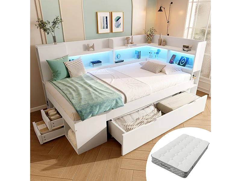 Lit coffre pour enfant - 90 x 200 cm - avec Leds + USB + étagères + tiroirs de rangement - bois - blanc(matelas inclus)