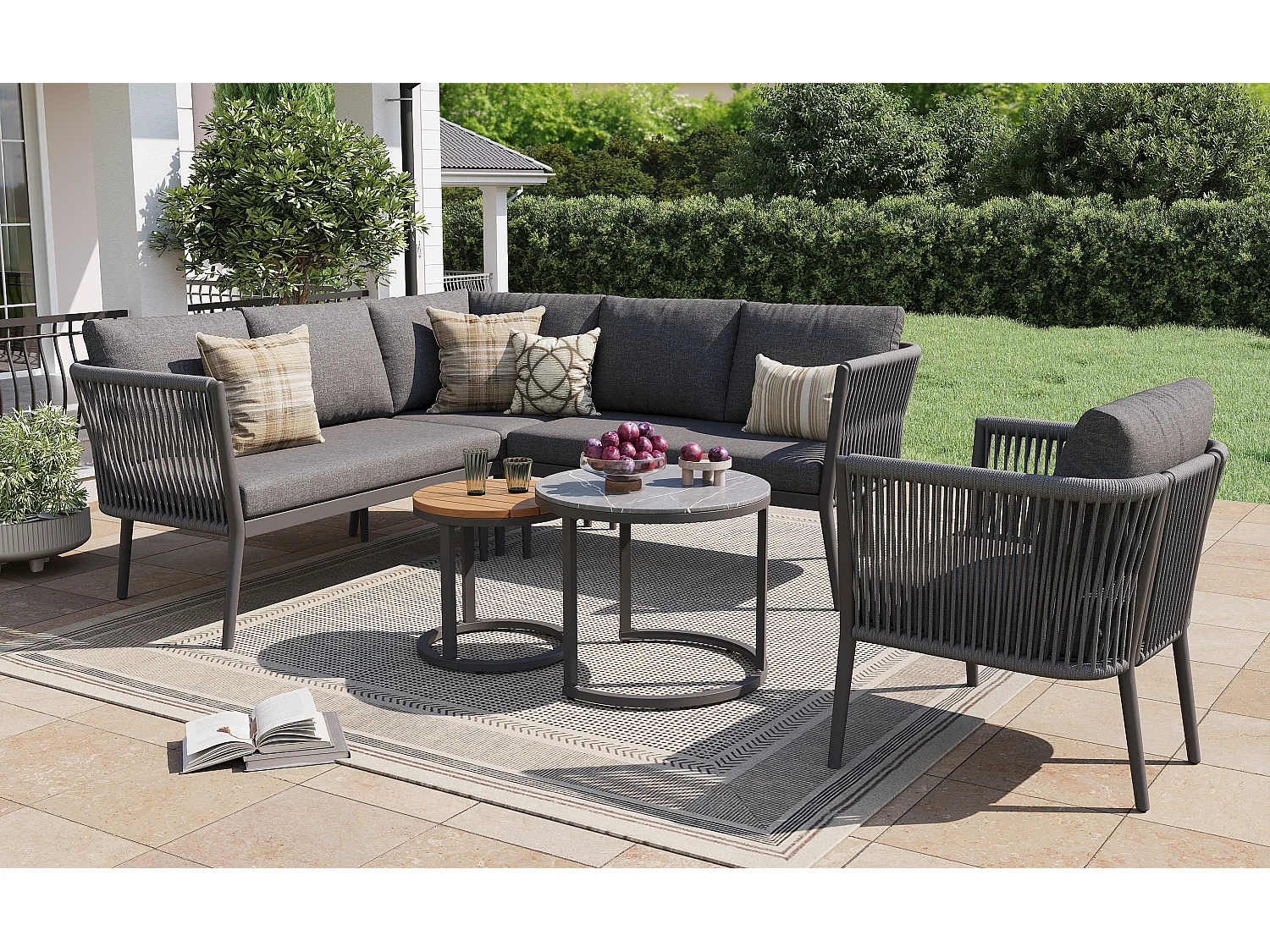 Ensemble salon de jardin pour 5 à 6 personnes - 6 pièces en rotin PE avec banc et coussins - canapé d'angle modulable - métal - gris