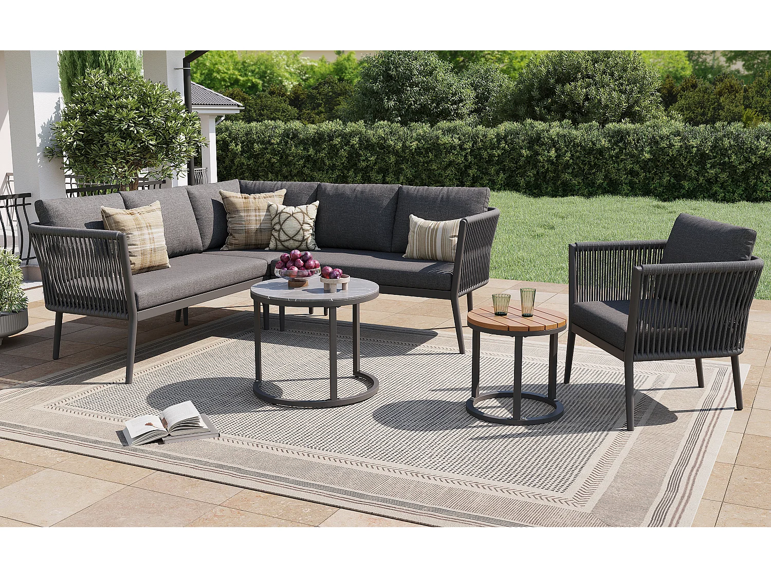 Ensemble salon de jardin pour 5 à 6 personnes - 6 pièces en rotin PE avec banc et coussins - canapé d'angle modulable - métal - gris