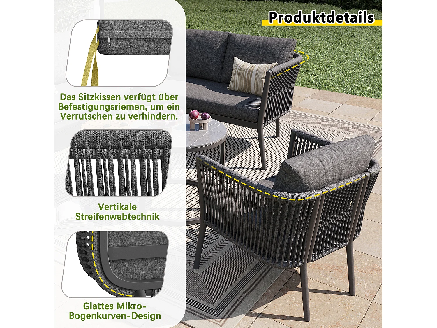 Ensemble salon de jardin pour 5 à 6 personnes - 6 pièces en rotin PE avec banc et coussins - canapé d'angle modulable - métal - gris