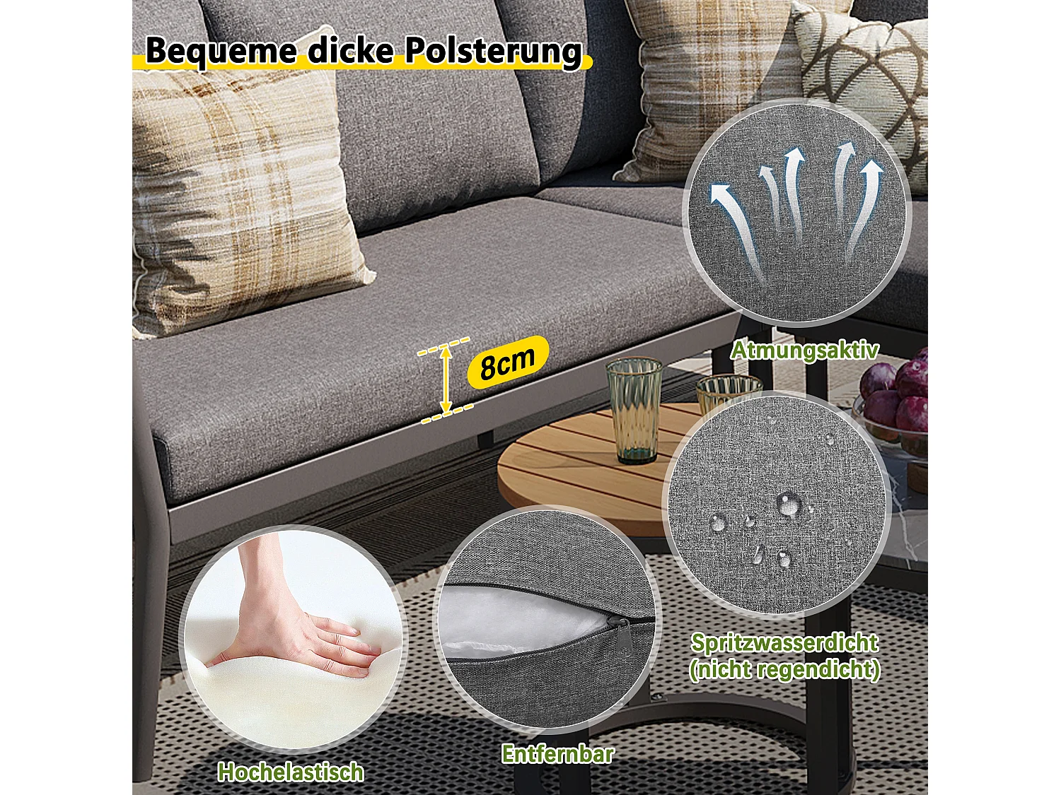 Ensemble salon de jardin pour 5 à 6 personnes - 6 pièces en rotin PE avec banc et coussins - canapé d'angle modulable - métal - gris