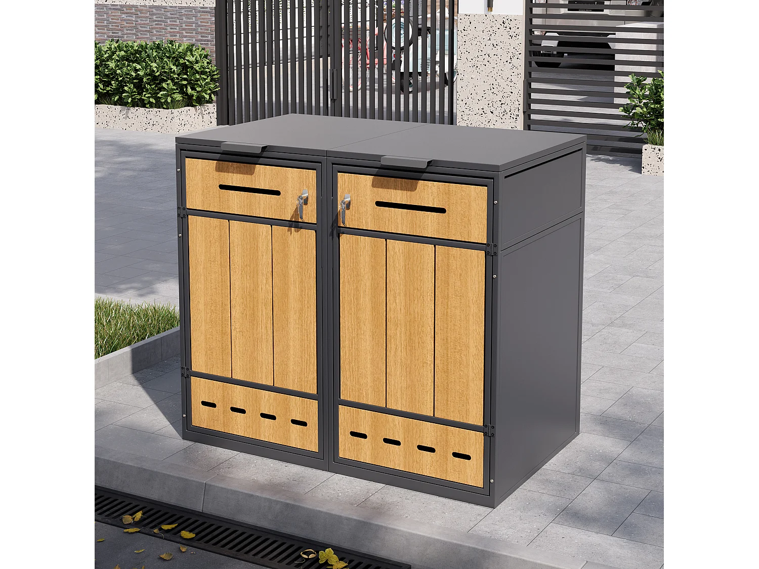 Meuble de rangement pour 2 poubelles (120-240 litres) - 132 x 84.5 x 118 cm - avec trous d'aération + 2 portes - métal - gris + naturel